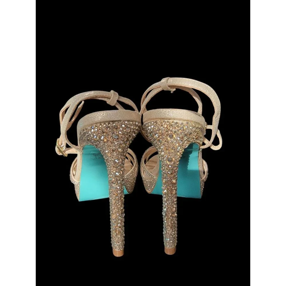 Betsey Johnson SB Adde Champagne Rhinestone Heel Sandals 9.5M Glass & Fabric